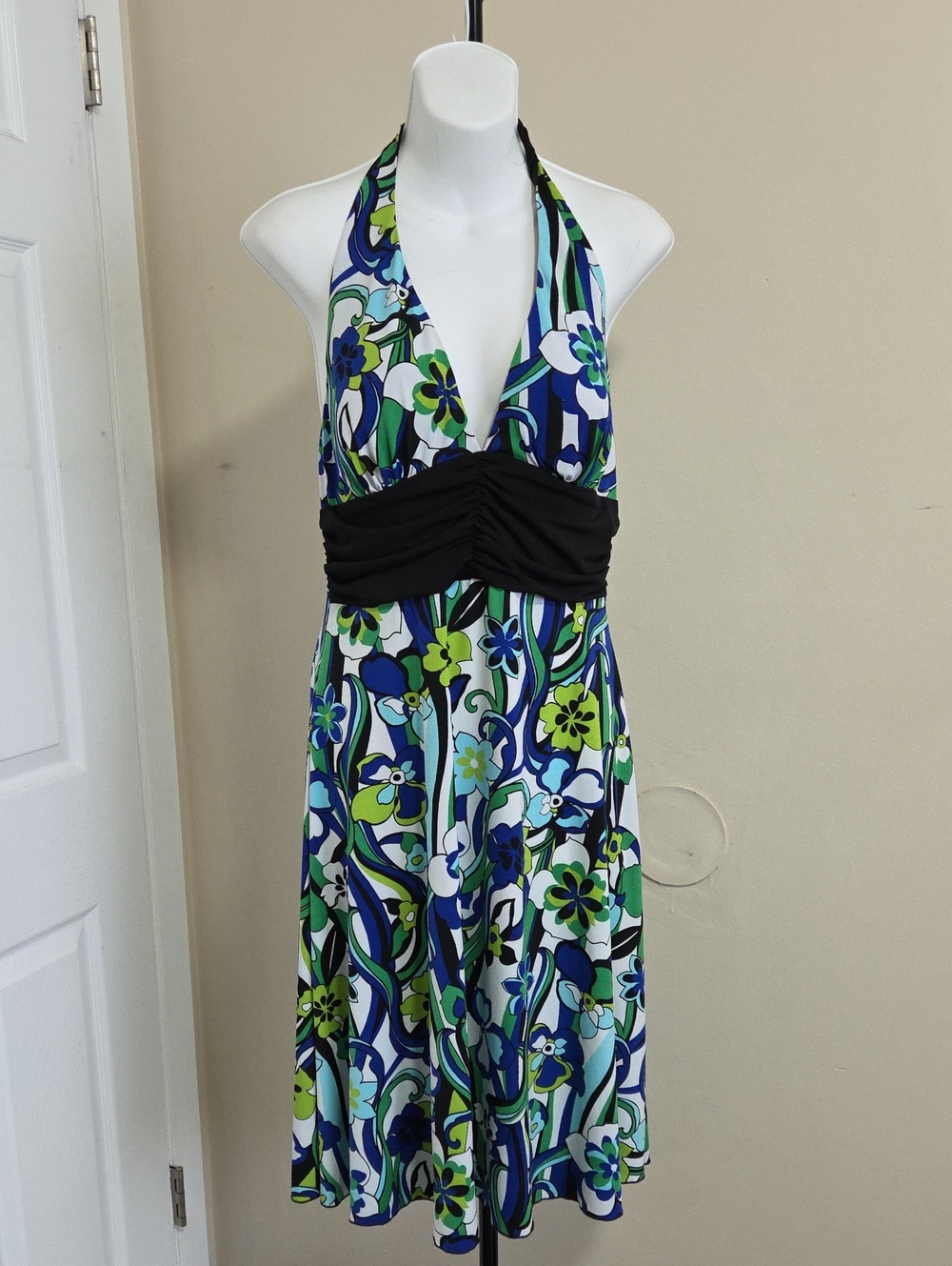 connected apparel Blue, Green, White Floral Halter Dress